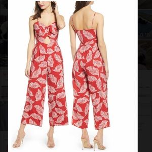 J.O.A. Front Tie Jumpsuit in Red Tropical, XS